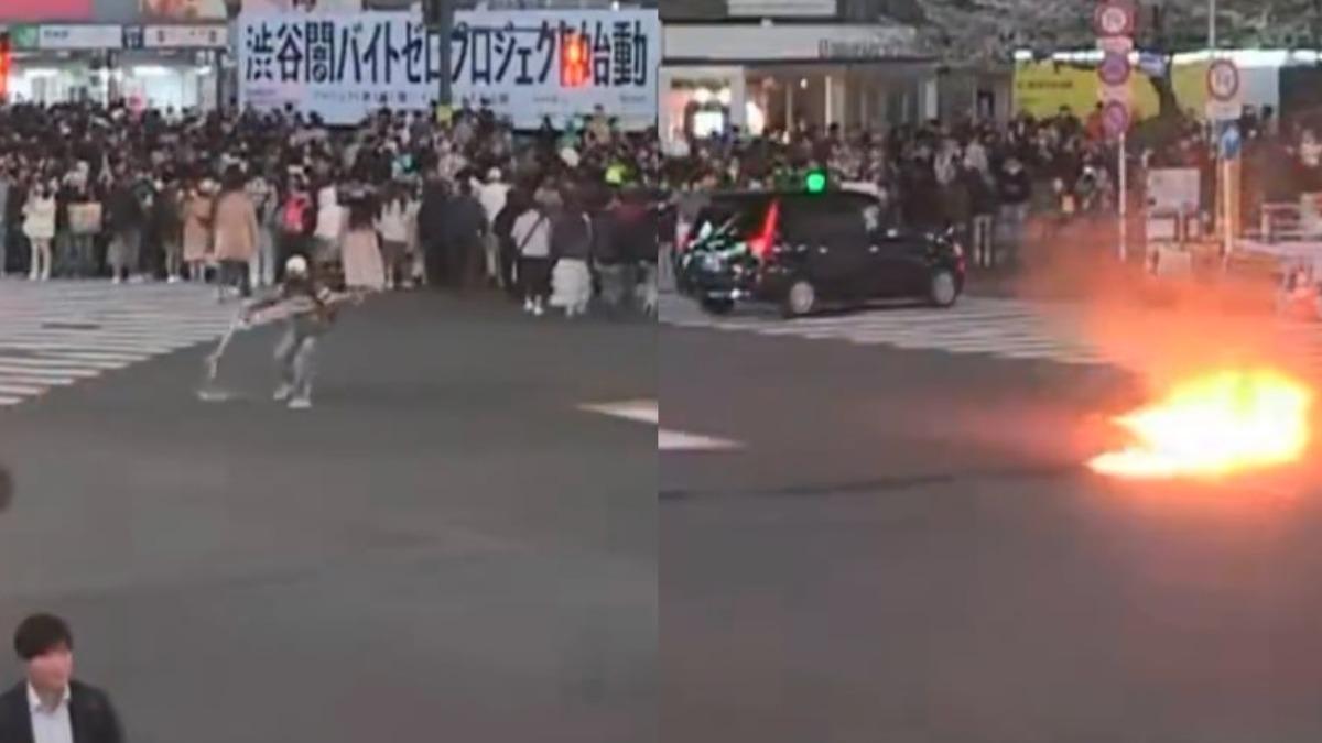 有片/東京澀谷十字路口突遭縱火!男子當街倒可燃液體後點火