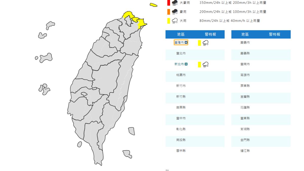 天氣/雨彈來襲!基隆北海岸大雨特報 雨勢持續到入夜