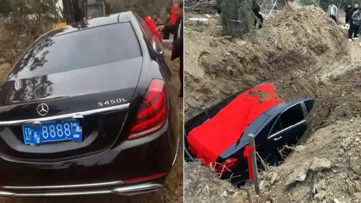 不是燒紙紮車!百萬賓士掛8888車牌入土陪葬 驚人畫面曝