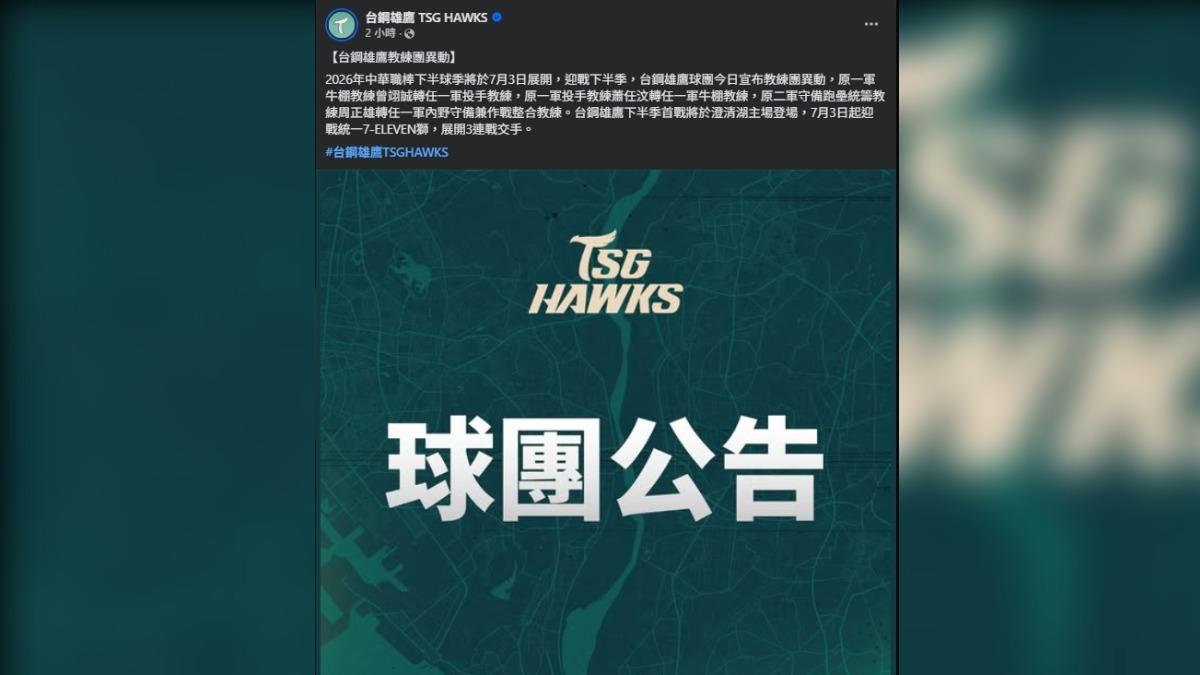 中職/下半球季7/3開打!台鋼雄鷹「教練團異動」 首對戰統一獅