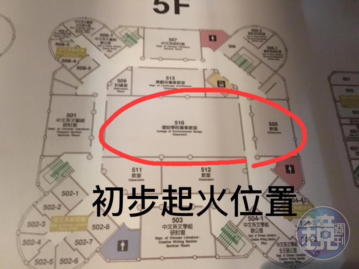 目前初步研判的文大大典館起火點位置。