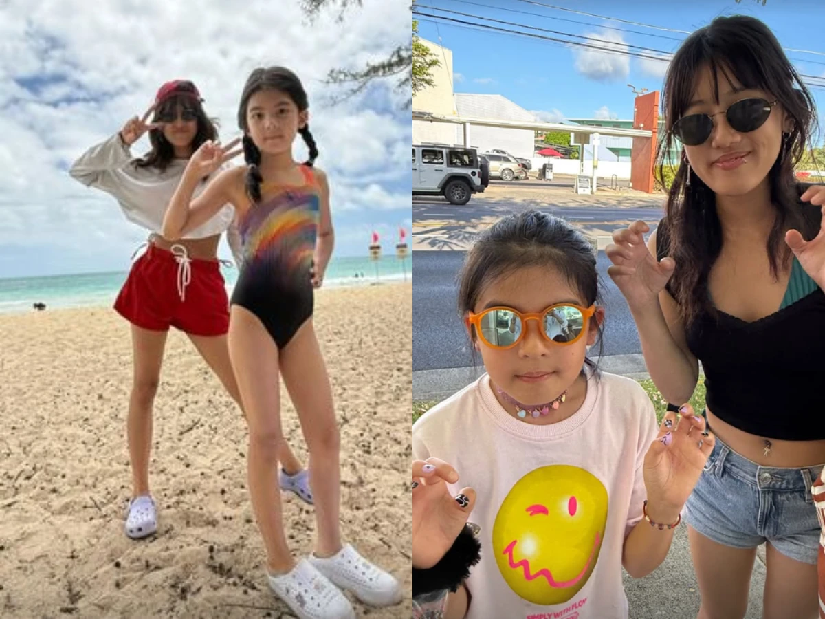 賈靜雯帶三個女兒海邊度假!8歲BO妞「暴風抽高」秀出鉛筆腿,網友大驚:媽媽好基因