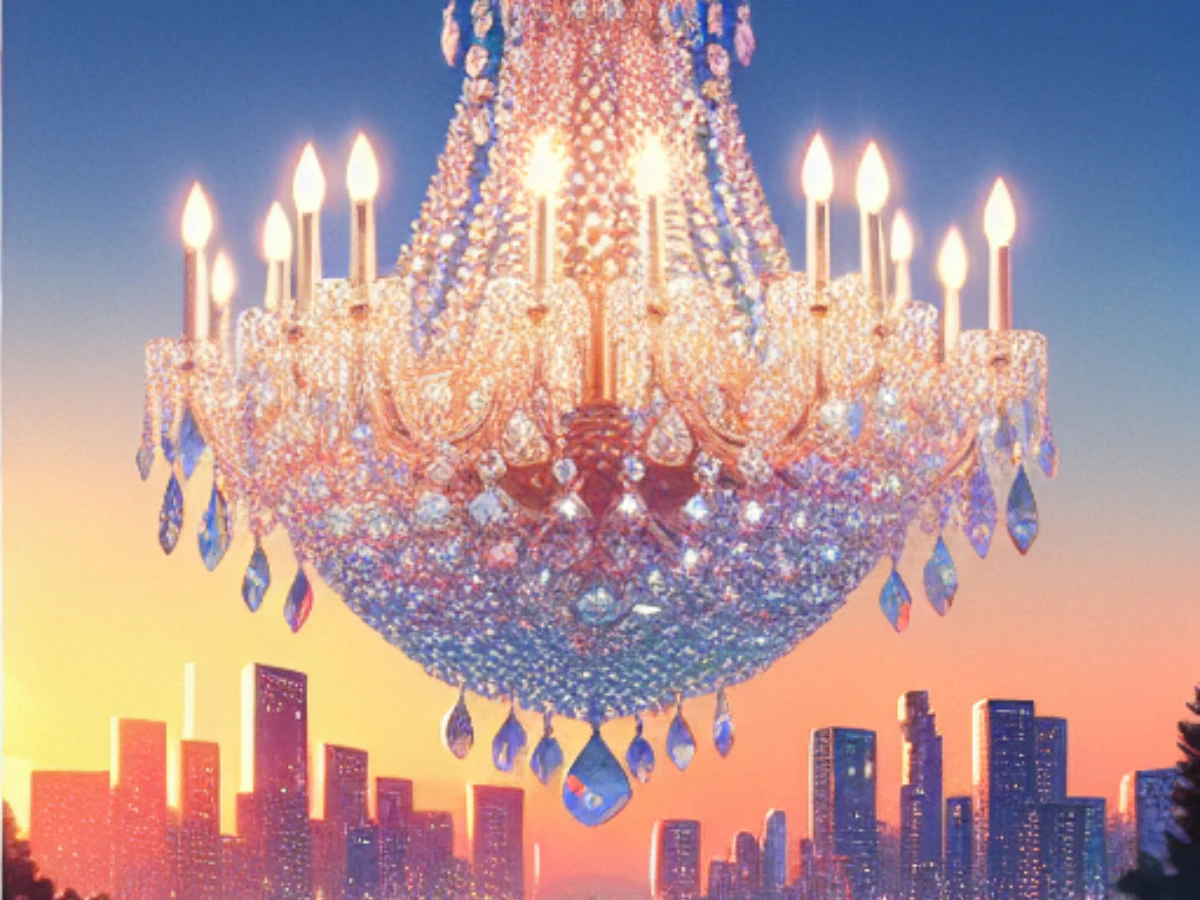 圖 B：熙攘都市中的華麗水晶吊燈