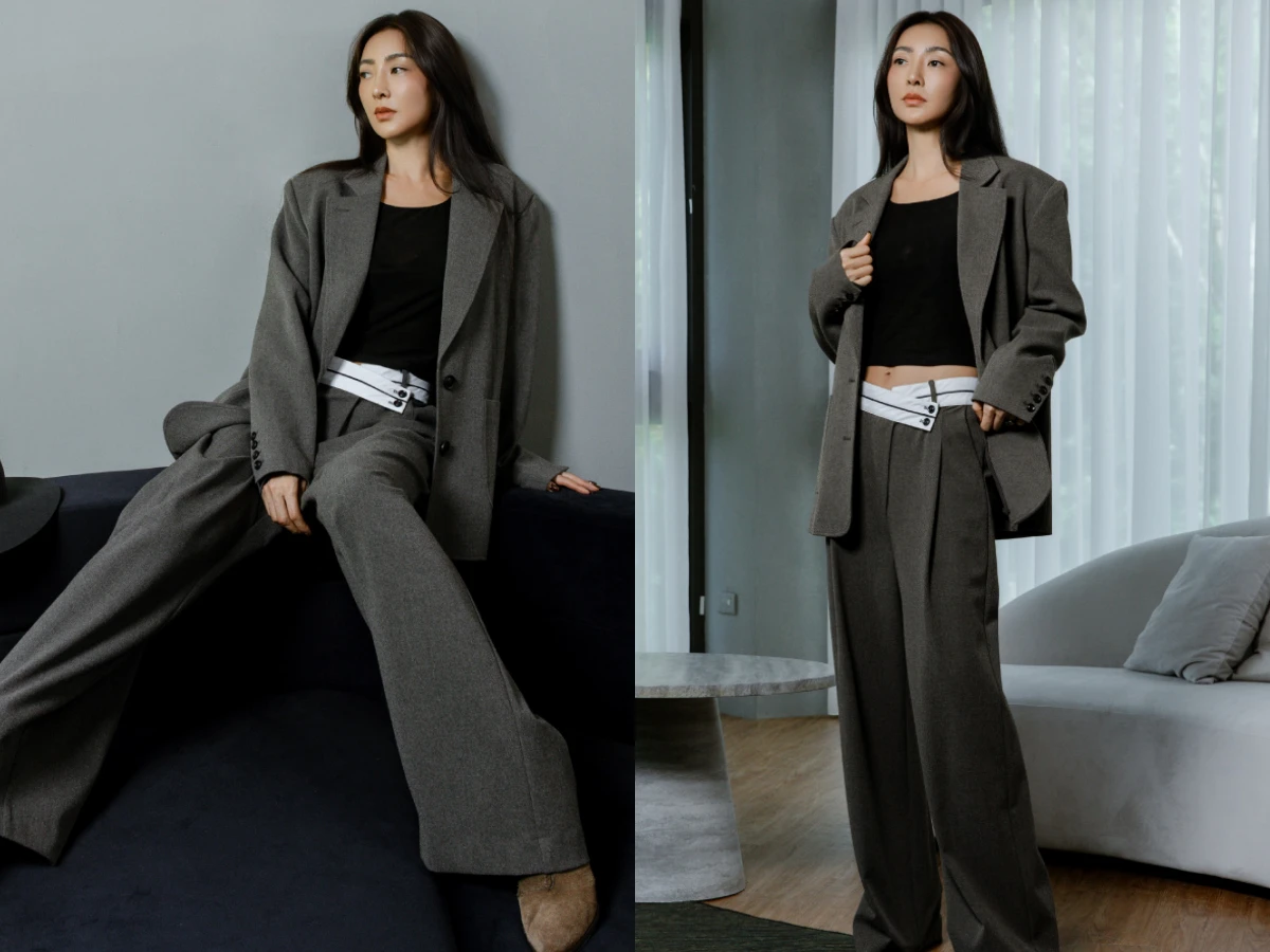 女星拼接寬褲穿搭