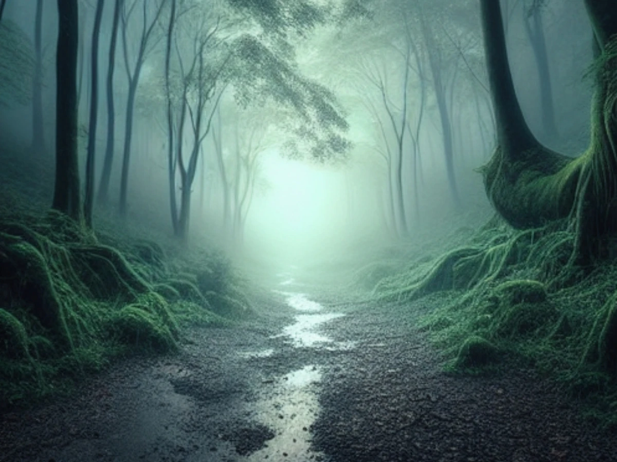 選項1️⃣：被霧氣包圍的森林小路