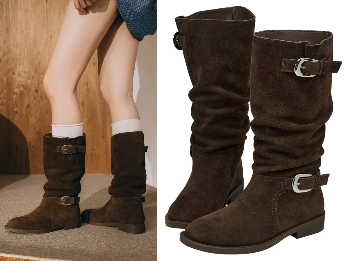 Grace Gift 慵懶隨性麂皮雙層皮帶扣堆堆長靴，NT.3,180