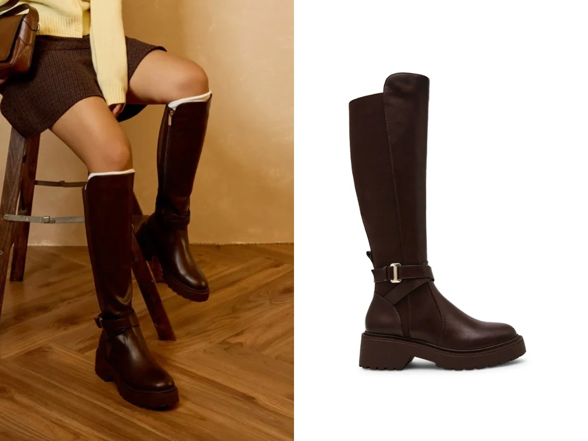 STEVE MADDEN Caller 異材質拼接交叉綁帶長靴，NT.5,280。