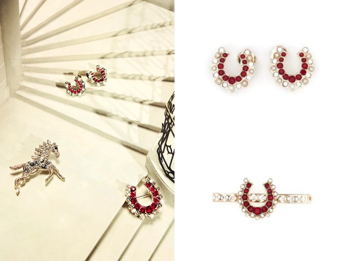 Roger Vivier 馬年限定馬蹄鐵水晶珍珠髮夾，NT.14,000；CNY 限定馬蹄鐵水晶珍珠耳環，NT.16,900