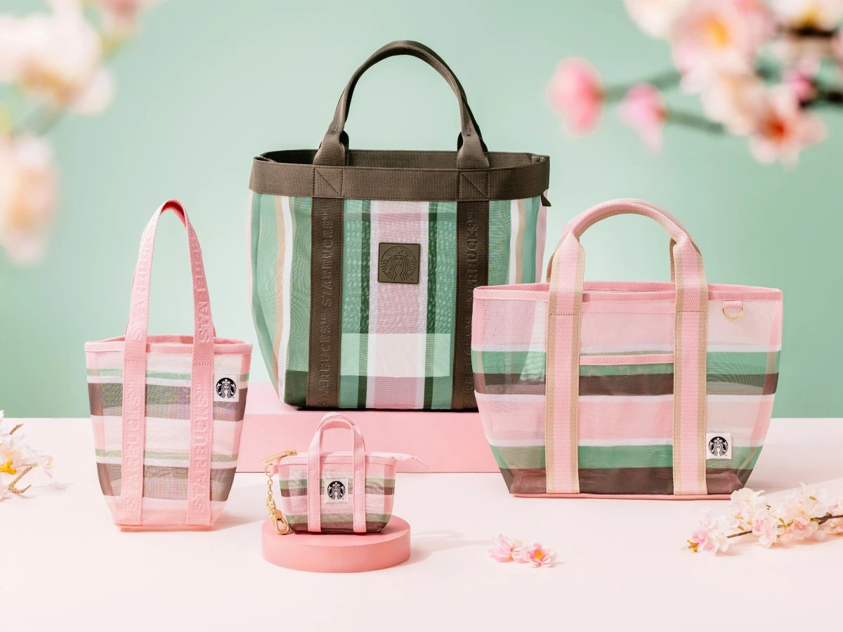 延續星巴克暢銷的「茄芷袋」系列，多款包袋本次以優雅的粉色與柔和的綠色條紋描繪春日景緻