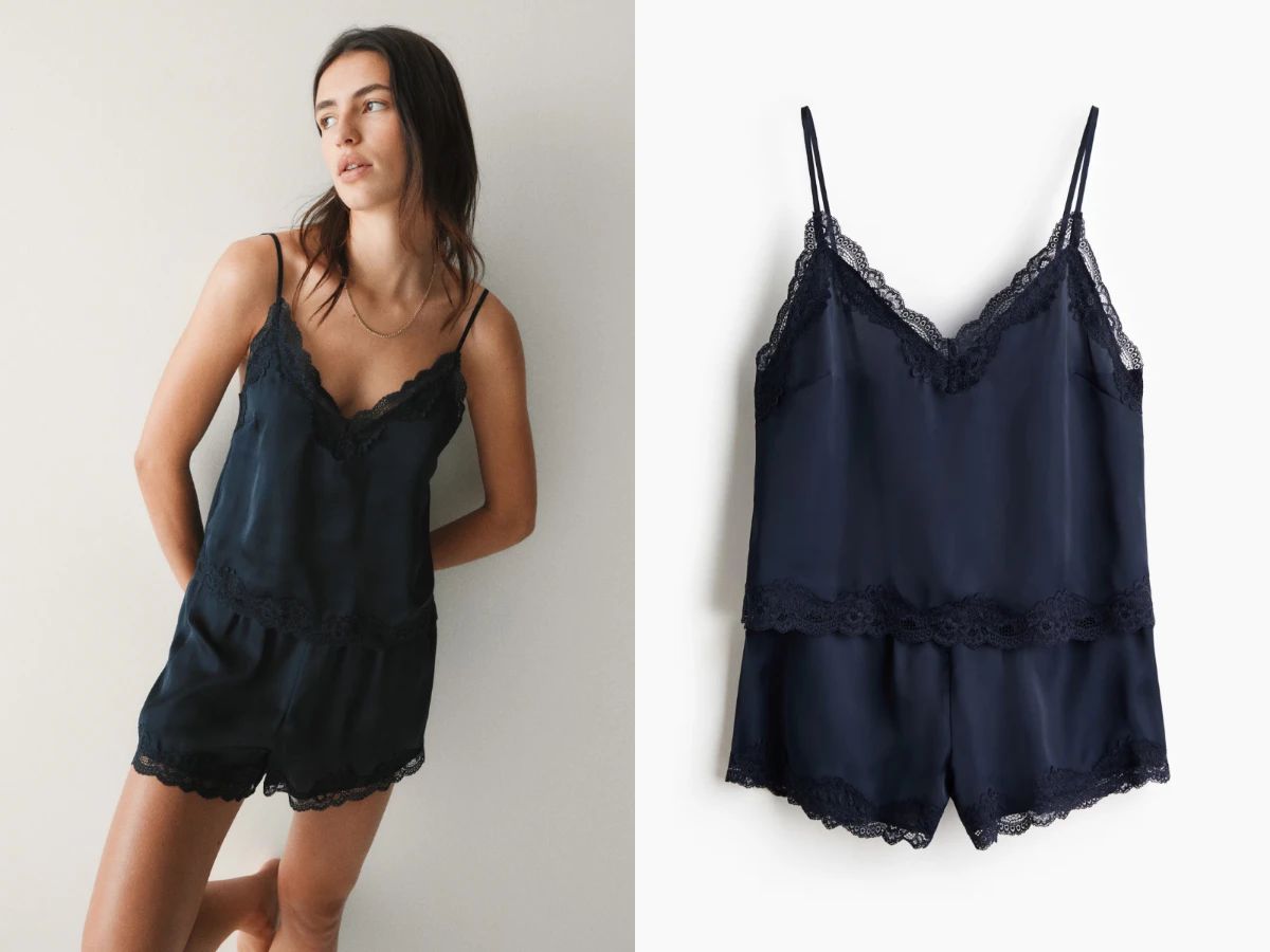 H&M 蕾絲飾邊綢緞睡衣套裝，NT.799