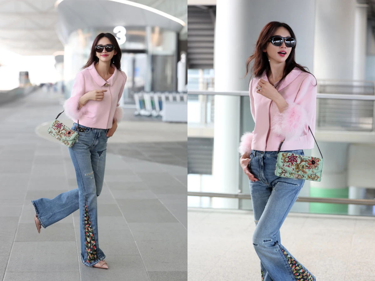 林志玲在機場拿的「刺繡肩背包」找到了！喇叭牛仔褲秀高衣Q，粉色外套一穿超顯嫩