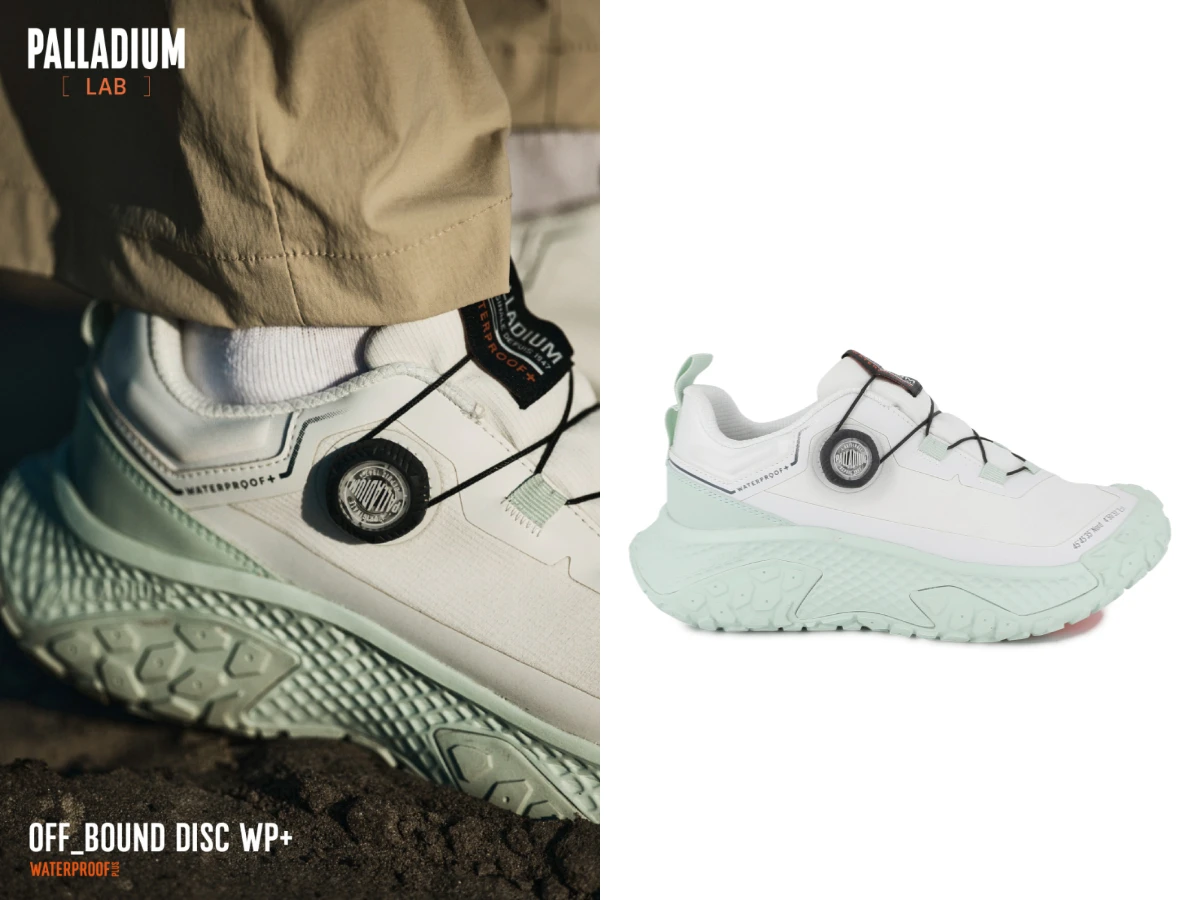 PALLADIUM OFF_BOUND DISC WP+旋鈕快速鞋帶系統防水波浪鞋（UNISEX），NT.4,080。